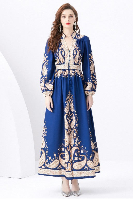 Majestic Allure Exquisite Blue and Gold Dress Design